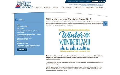 Winter wonderland webpage from Williamsburg tourism