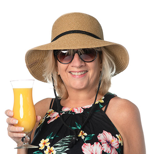laura davis team member at orases in a vacation hat and vacation drink