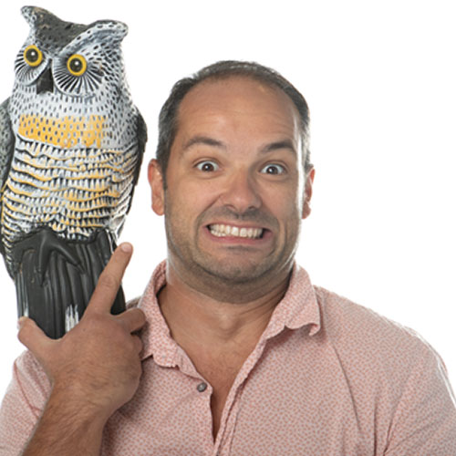 vladimir polyanov team member at orases holding an owl figure on his shoulder