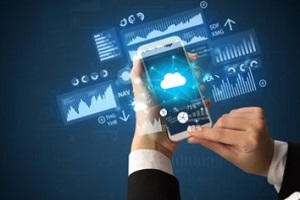 man holding mobile uploading data to cloud