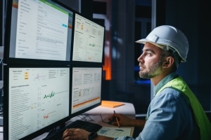 factory worker looking at the line of production using condition monitoring software