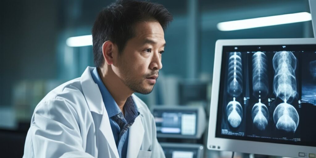 asian doctor examining patient's lung x-ray