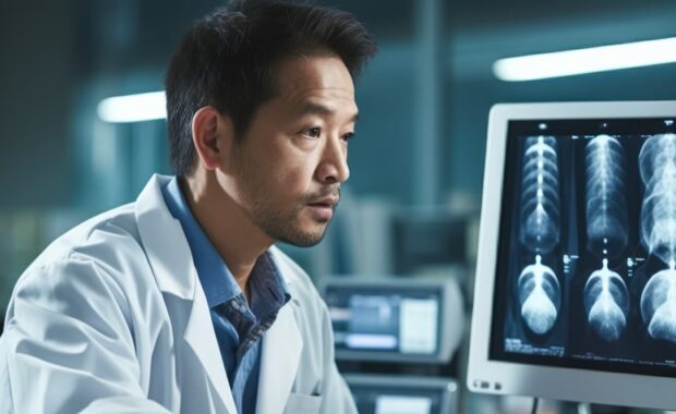 asian doctor examining patient's lung x-ray