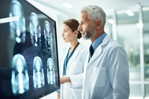 doctors radiologists looking at MRI or CT scan images on monitor using medical image analysis software