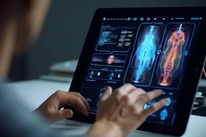 radiologist analysing bone scan on a medical tablet