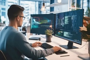 custom software developer and a man at computer for coding script or cyber security in office