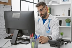 bearded young hispanic man doctor hard at work
