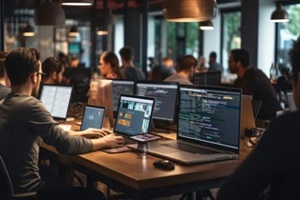 scene showcasing a team of software developers coding, collaborating, and testing custom software development in a modern development environment