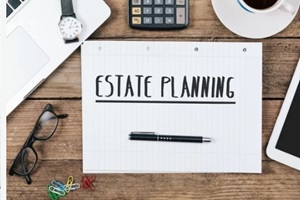estate planning software text, office desk with computer technology, high