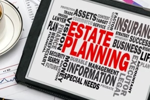 estate planning software with related word cloud on tablet pc