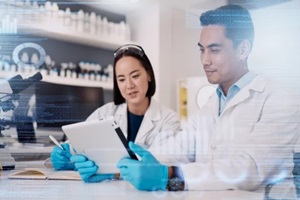 tablet and people in data research overlay of pharmaceutical, future or software innovation in laboratory team collaboration