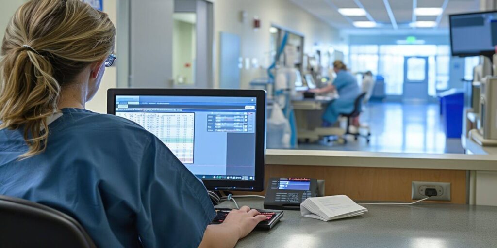 healthcare professional monitoring patients in hospital computer station