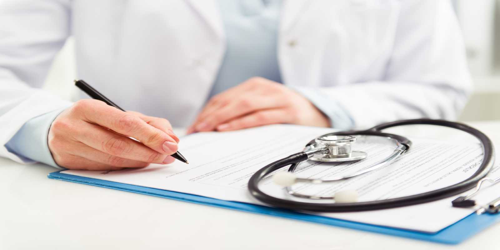 stethoscope doctor with clipboard of health medical examination report