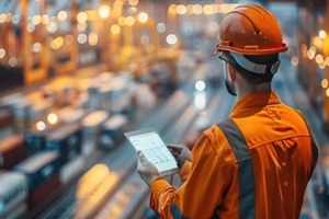 man in a yellow jacket is standing in front of a large container yard looking at yard management software