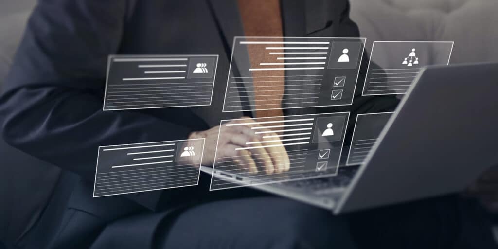 businessman managing teams and their work through online portal online survey form filling Human resources and management concept
