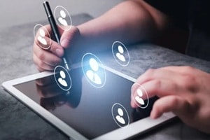woman use digital tablet with management recruitment interface