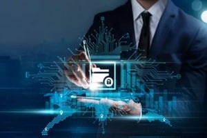 businessman touching the technology smart solutions and integration of data searching for business and marketing