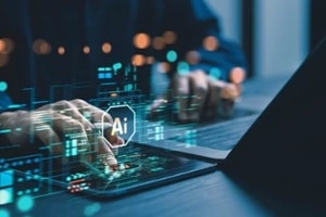 humans are using laptops and computers to interact with AI