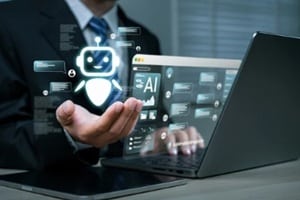 man uses laptop with AI assistant for graphic design, translation, chatbot