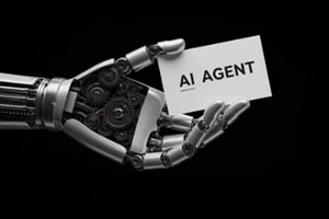 robotic hand holding ai agent card on black background for artificial intelligence concepts