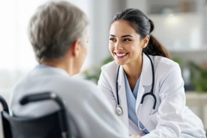 smiling doctor interacting with elderly patient in bright setting